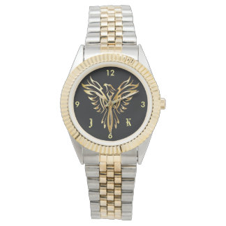 Flaming golden phoenix rising with initials watch