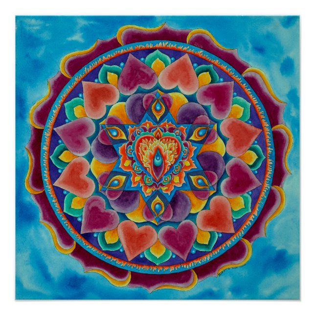 Flaming Heart Mandala in water colour Poster (Front)
