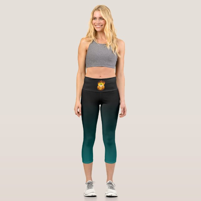 Flaming Jack O'lantern Halloween Pumpkin Capri Leggings (Front)