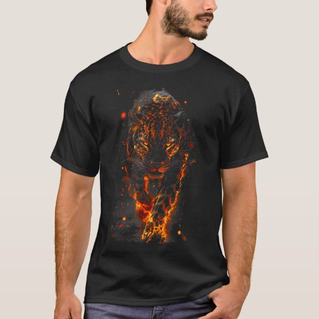 Flaming Jaguar Fierce Leopard Wild Fire Animal Sri T-Shirt (Front)