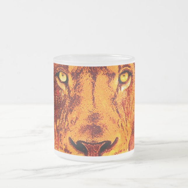 Flaming Lion Face Frosted Glass Coffee Mug (Center)
