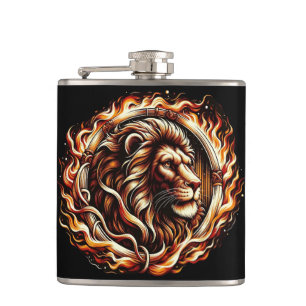 Flaming Lion in Ring of Fire Flames Astrology  Hip Flask