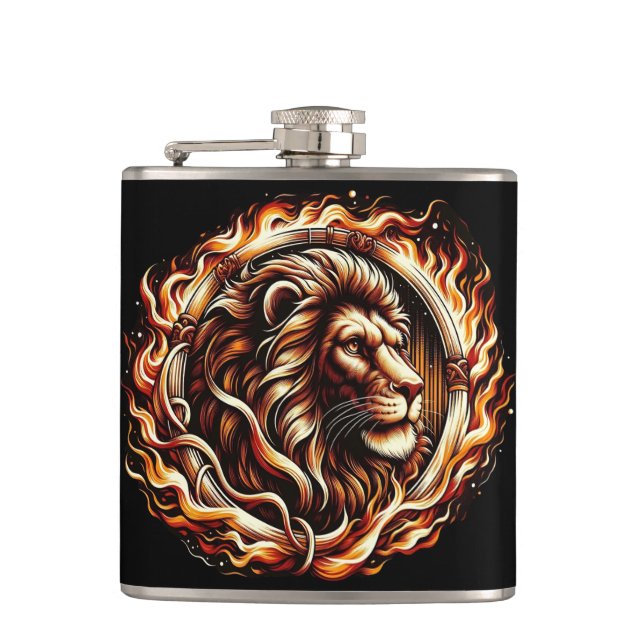 Flaming Lion in Ring of Fire Flames Astrology  Hip Flask (Front)