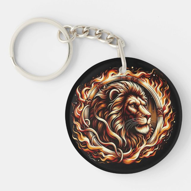 Flaming Lion in Ring of Fire Flames Astrology  Key Ring (Front)