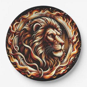 Flaming Lion in Ring of Fire Flames Astrology  Paper Plate