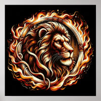 Flaming Lion in Ring of Fire Flames Astrology