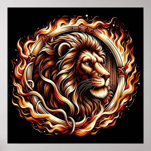 Flaming Lion in Ring of Fire Flames Astrology Poster (Front)