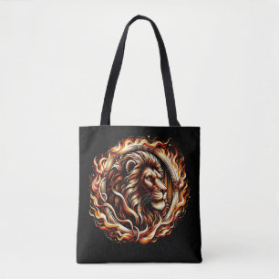 Flaming Lion in Ring of Fire Flames Astrology Tote Bag
