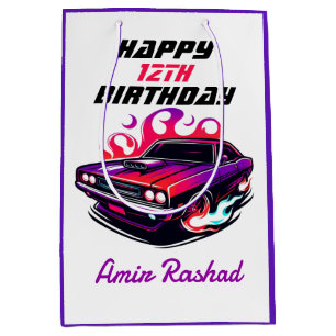 Flaming Muscle Car Purple & Red/Orange Candy Paint Medium Gift Bag