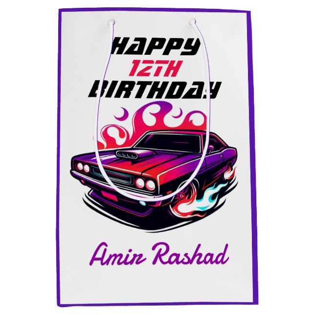 Flaming Muscle Car Purple & Red/Orange Candy Paint Medium Gift Bag (Front)