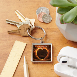 Flaming Orange Fractal Heart Design Keepsake Key Ring