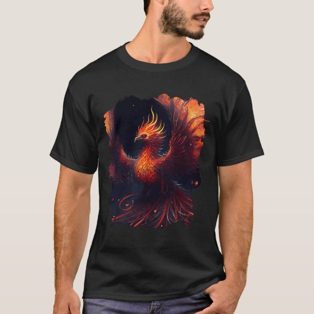 Flaming phoenix with ornaments and fiery glow T-Shirt (Front)