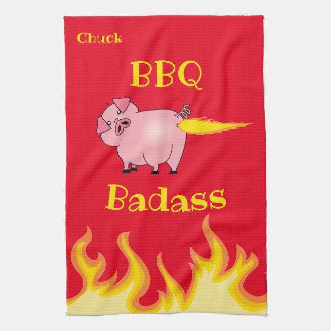 Flaming Pig Butt BBQ Badass Tea Towel (Vertical)