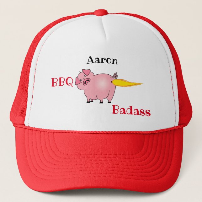 Flaming Pig Butt BBQ Badass Trucker Hat (Front)