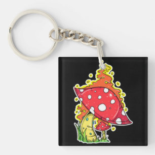 Flaming Psychedelic Mushroom Illustration Art Key Ring