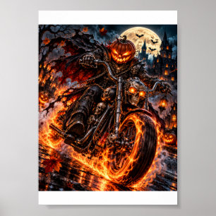Flaming Pumpkin Biker –Halloween Hell Ride T-Shirt Poster