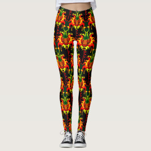 Flaming Pumpkin Head Box Interlocking Pattern Leggings