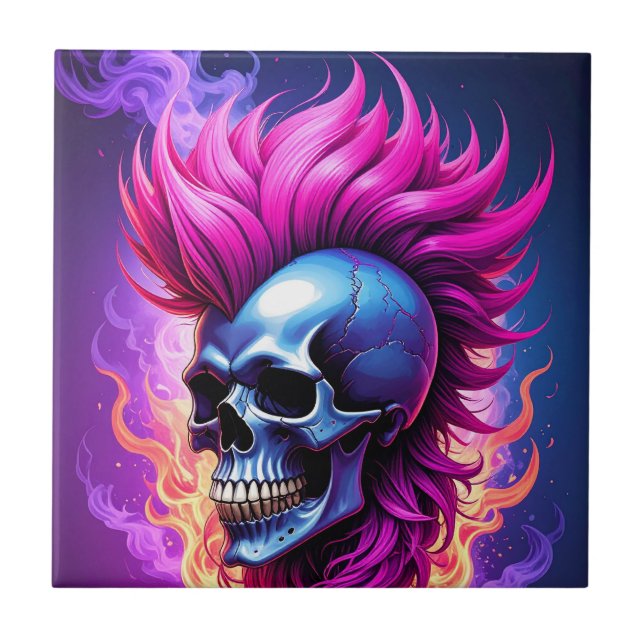 Flaming Punk Skull Ceramic Tile (Front)