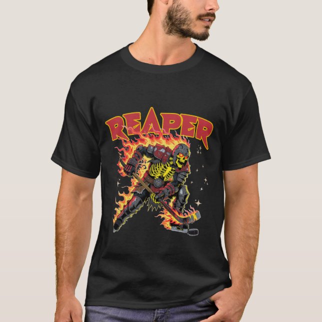 Flaming Reaper Skeleton Hockey Player Dark Sports  T-Shirt (Front)