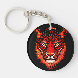 Flaming Red Leopard Head Key Ring
