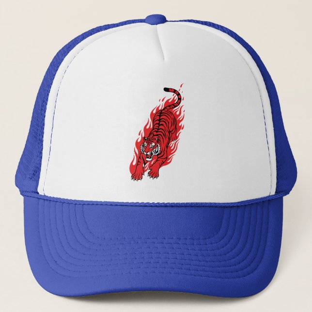 Flaming Red Tiger – Fierce Fire Beast Tee Trucker Hat (Front)