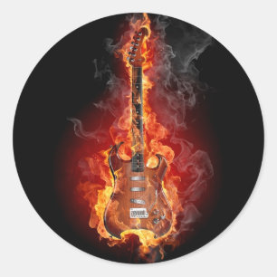 Flaming rock guitar classic round sticker