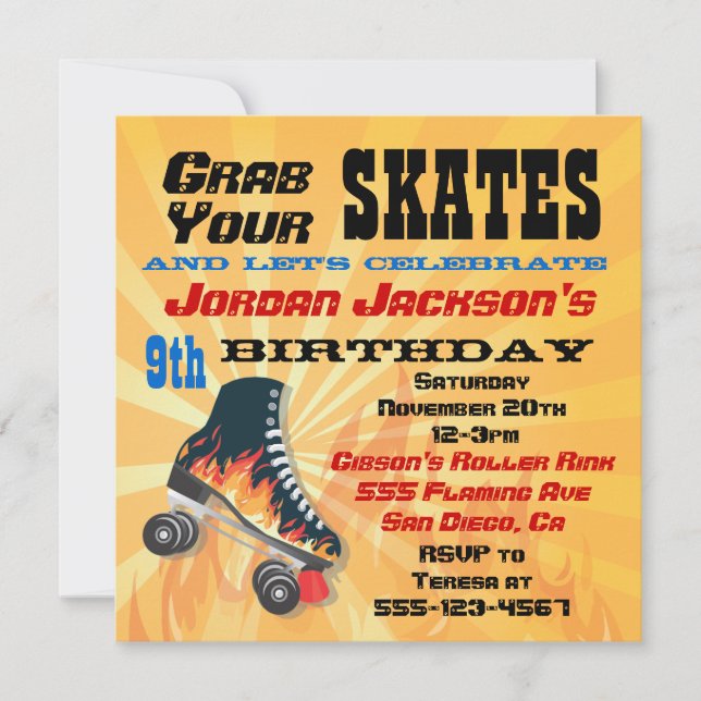 Flaming Roller Skating Birthday Party Invitation (Front)