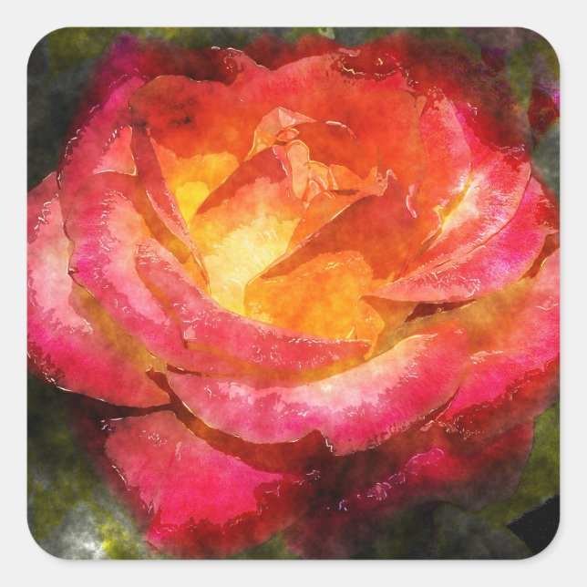 Flaming Rose Watercolor Square Sticker (Front)