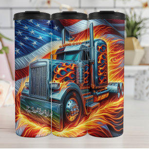 Flaming Semi-Truck with American Flag Thermal Tumbler