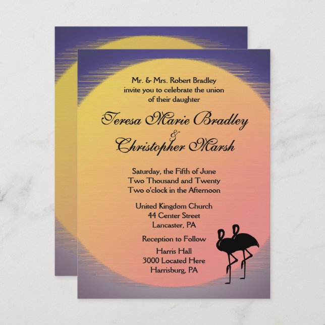 Flaming Setting Sun Evening Wedding Invitation (Front/Back)