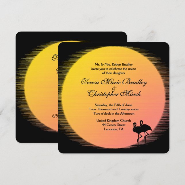 Flaming Setting Sun Evening Wedding Invitation (Front/Back)