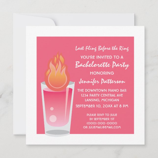 Flaming Shot Bachelorette Party Invite, Pink Invitation (Front)