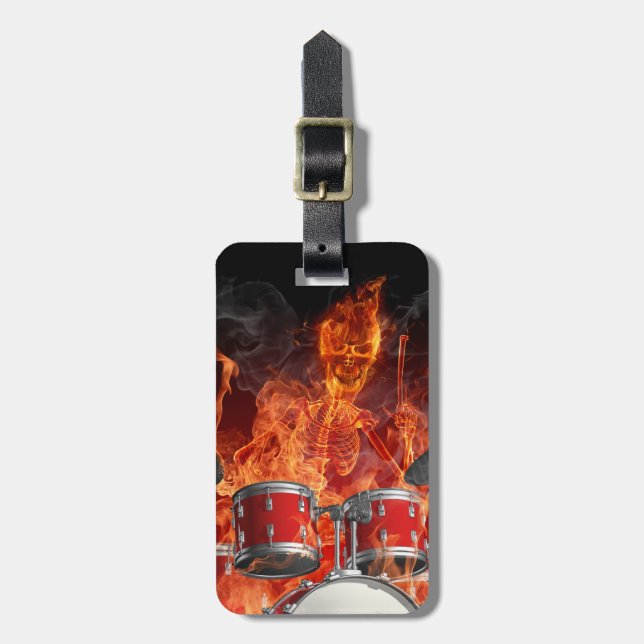 Flaming Skeleton on Drums Easy ID Bag Tag (Front Vertical)