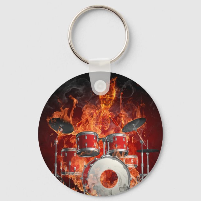 Flaming Skeleton on Drums Key Chain (Front)