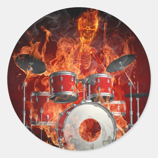 Flaming Skeleton on Drums Sticker (Front)