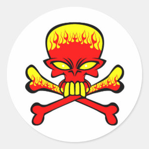 Flaming Skull and Crossbones Classic Round Sticker