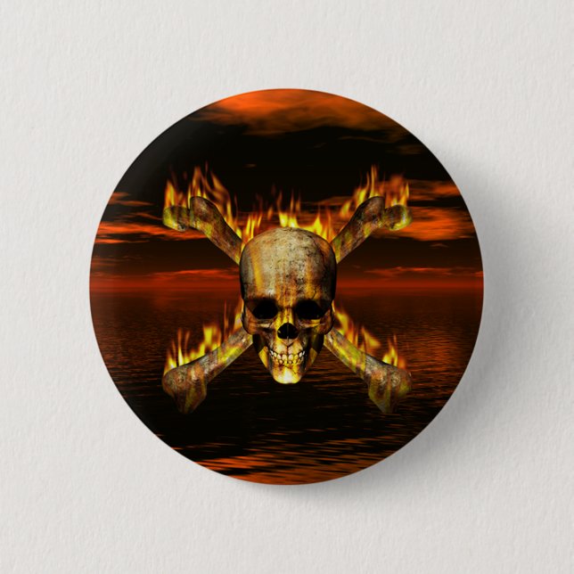 Flaming Skull and Crossbones w/Red Sky Background 6 Cm Round Badge (Front)