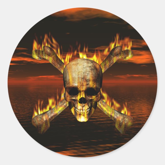 Flaming Skull and Crossbones w/Red Sky Background Classic Round Sticker (Front)
