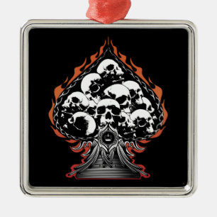 Flaming Skull and Hearts Metal Tree Decoration
