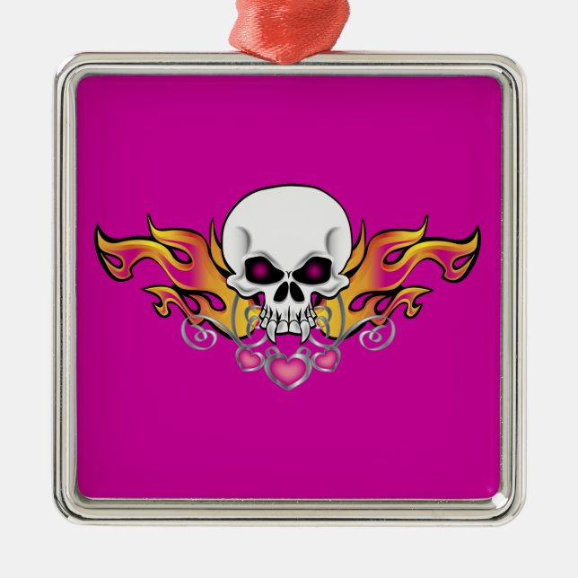 Flaming Skull and Hearts Metal Tree Decoration (Front)