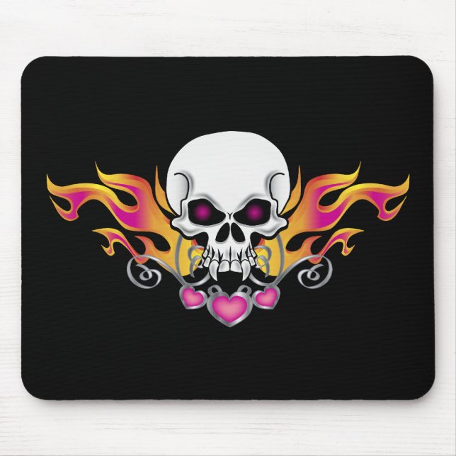 Flaming Skull and Hearts Mouse Mat (Front)