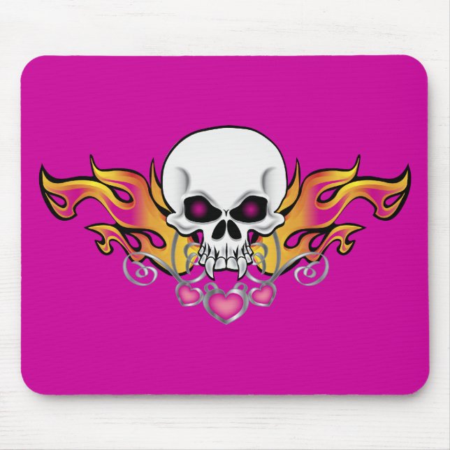 Flaming Skull and Hearts Mouse Mat (Front)