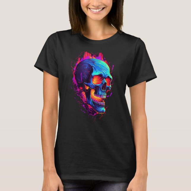 Flaming Skull Cool Red Orange & Blue Skeleton Skul T-Shirt (Front)