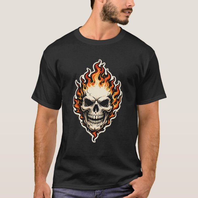 Flaming Skull – Fiery Gothic Fire Skeleton Graphic T-Shirt (Front)