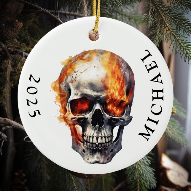 Flaming Skull Monogram Name Ceramic Tree Decoration (Creator Uploaded)