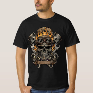 Flaming Skull Pistons - Mechanic Garage Tee