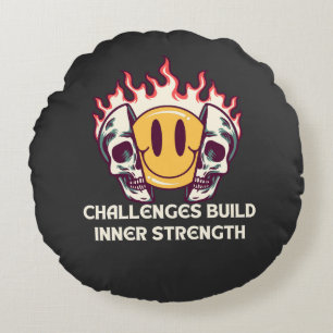 Flaming Smiley Face with Skulls – Motivational Inn Round Cushion