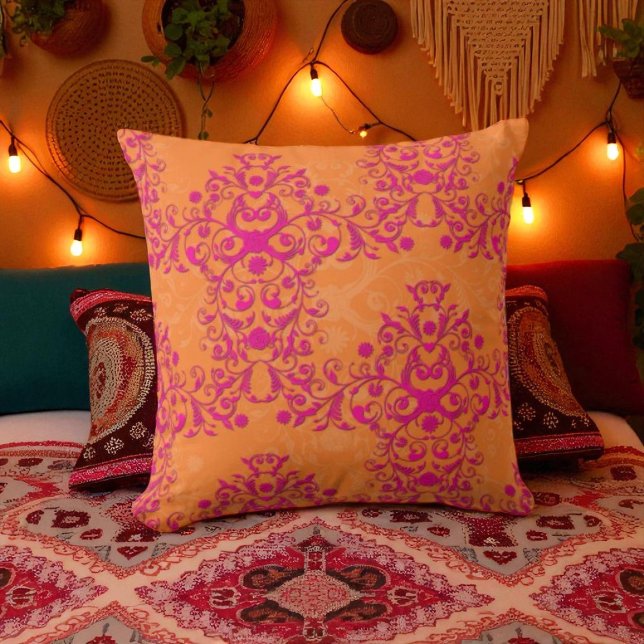 Flaming Tangerine Tango Orange and Pink Damask Cushion (Creator Uploaded)