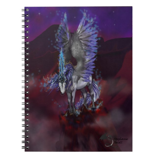 Flaming Winged Blue and White Unicorn  Notebook (Front)