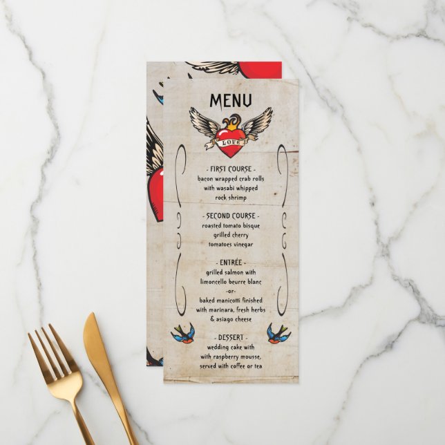 Flaming Winged Heart Tattoo Wedding Invitations (Front/Back In Situ)